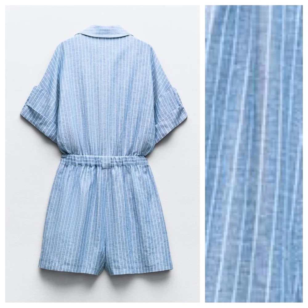 NWT. Zara Blue/White Striped Linen Blend Overalls/Jumpsuit. Size M.